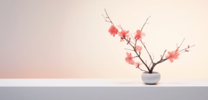 wazon z kwitnącymi gałązkami ułożonymi zgodnie ze sztuką ikebana